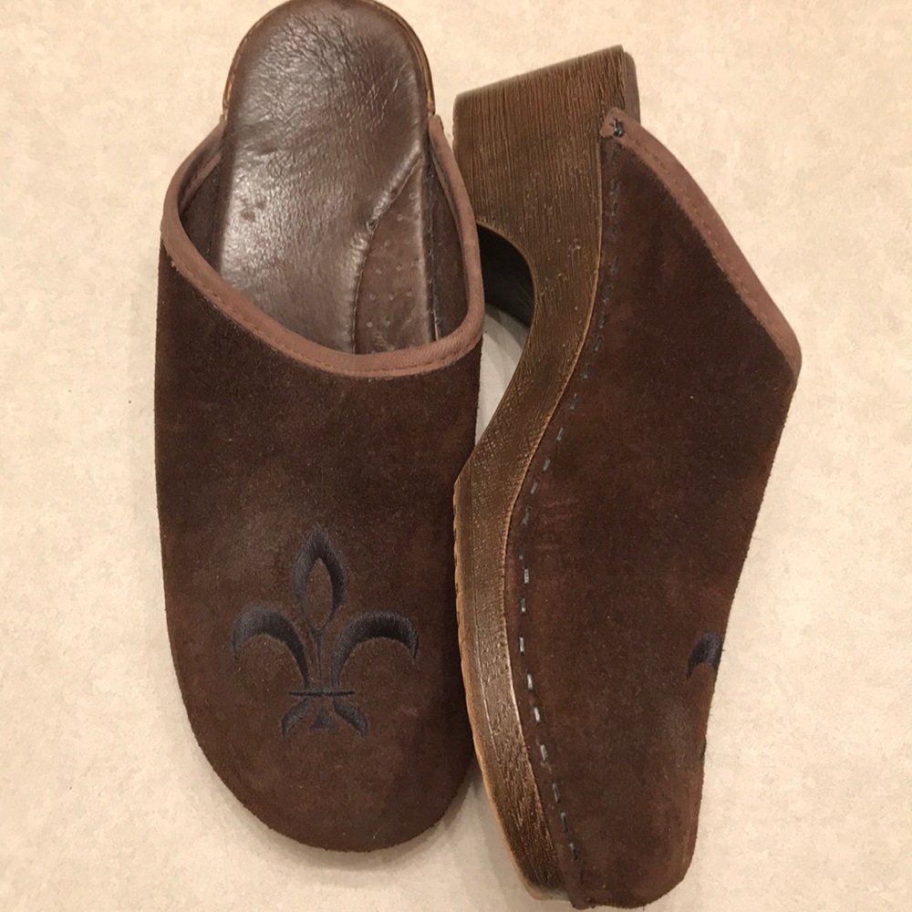 Brown suede clogs